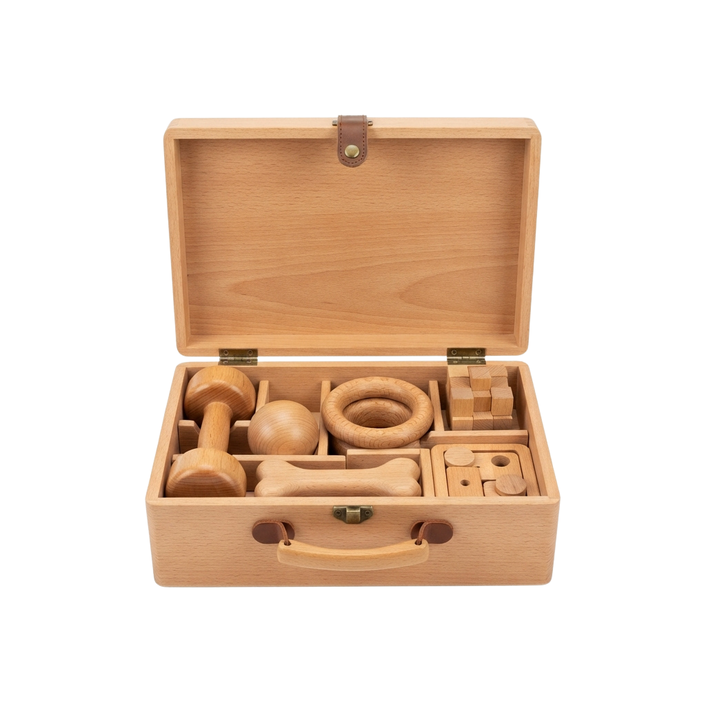 Open wooden box containing various wooden crafting tools and mallets