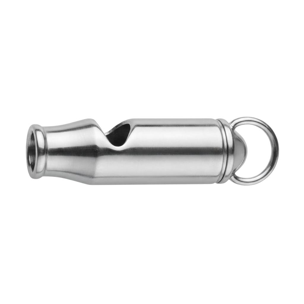 A small stainless steel whistle attached to a keyring for emergencies.
