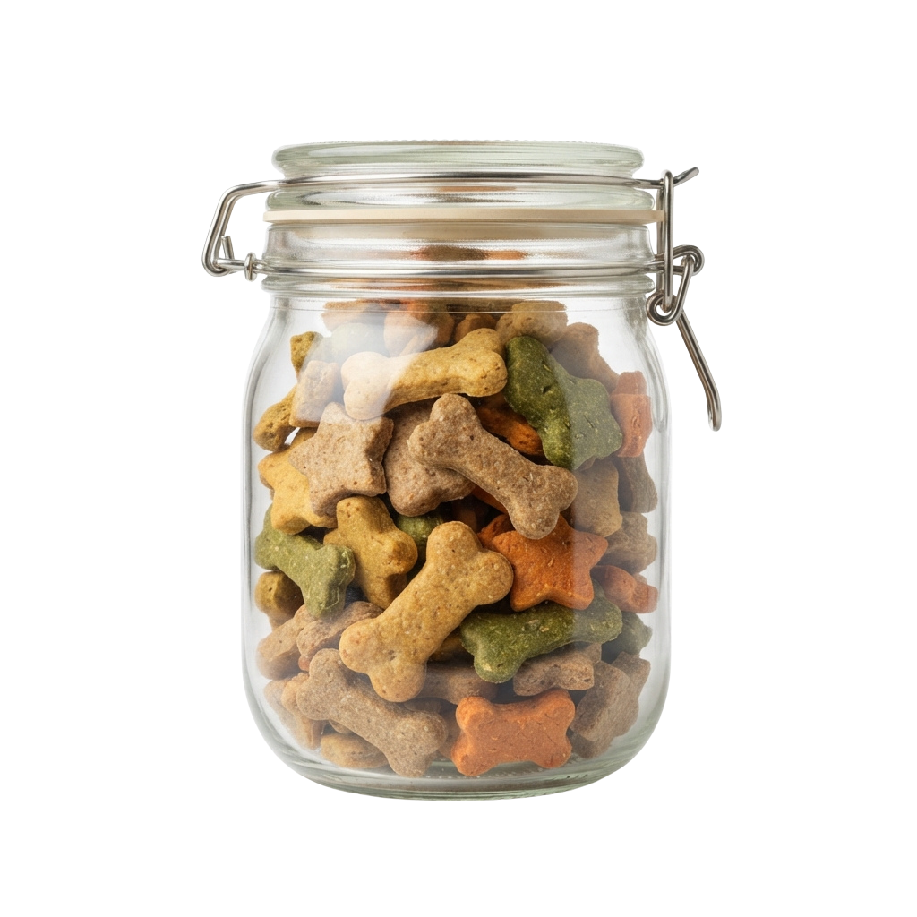 A clear glass jar with a metal clamp lid filled with bone-shaped dog treats in various colors.