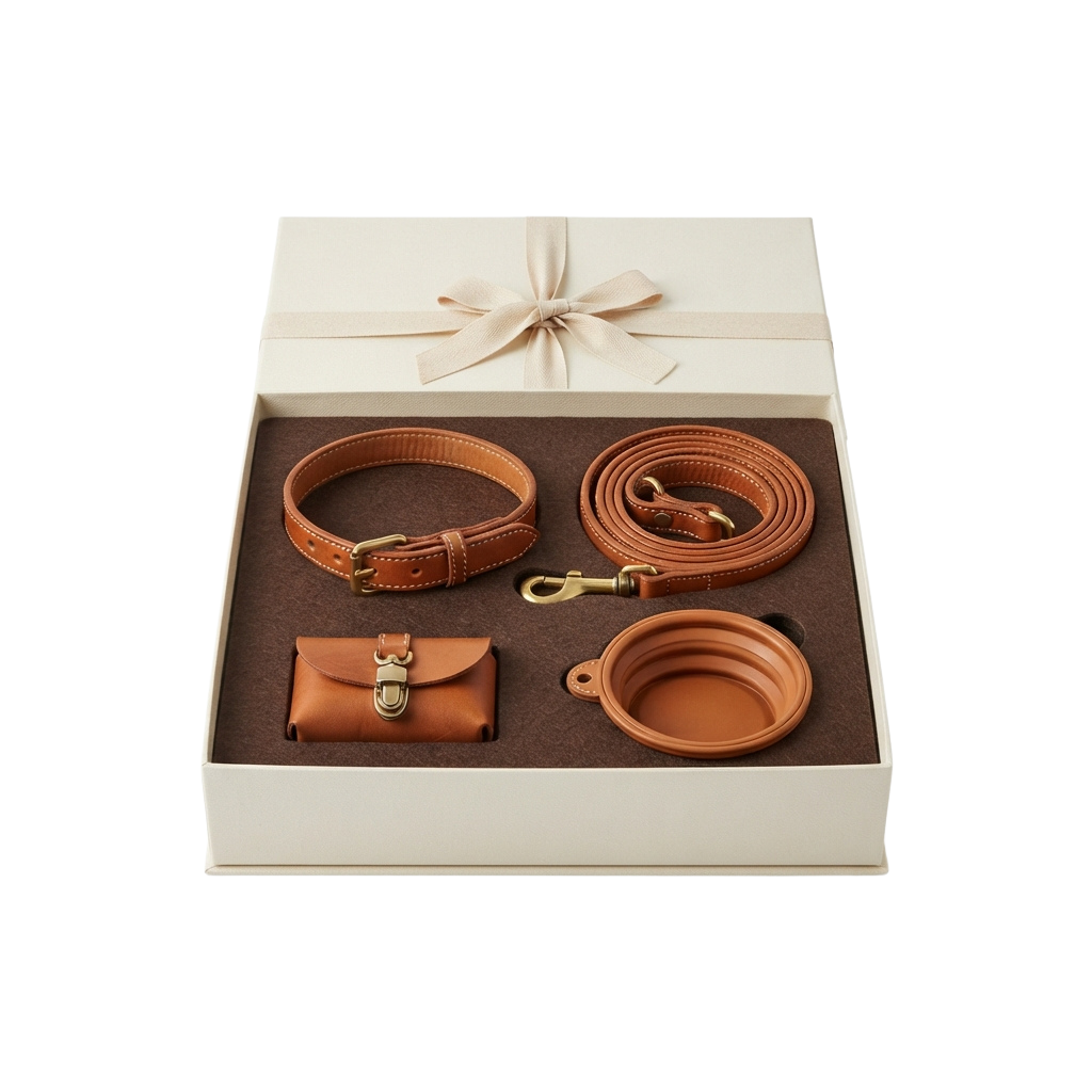 Open gift box showing brown leather dog belt, leash, pouch, and collar set on brown padding