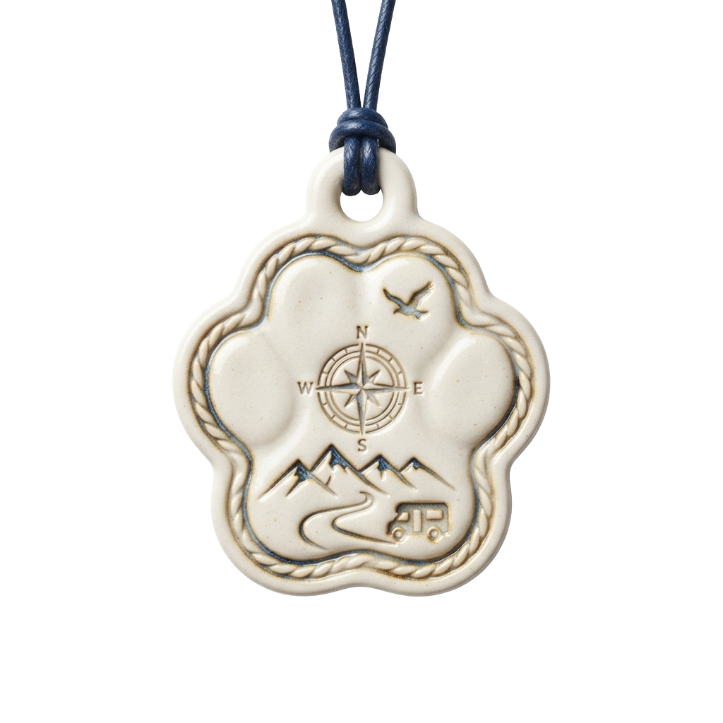 A cream-colored ceramic pendant featuring a compass, mountains, and a bird in flight on a blue cord necklace