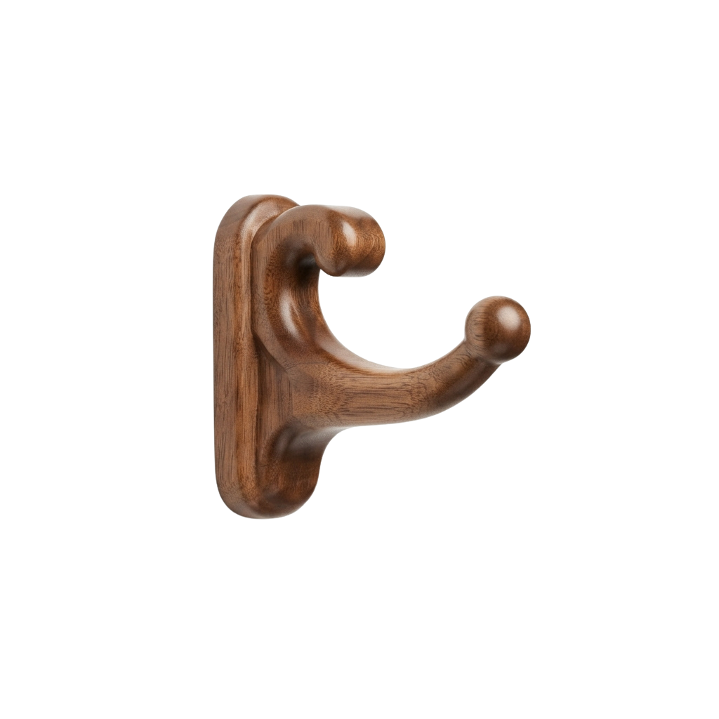 A wooden coat hook mounted on a wall with two rounded prongs for hanging garments.