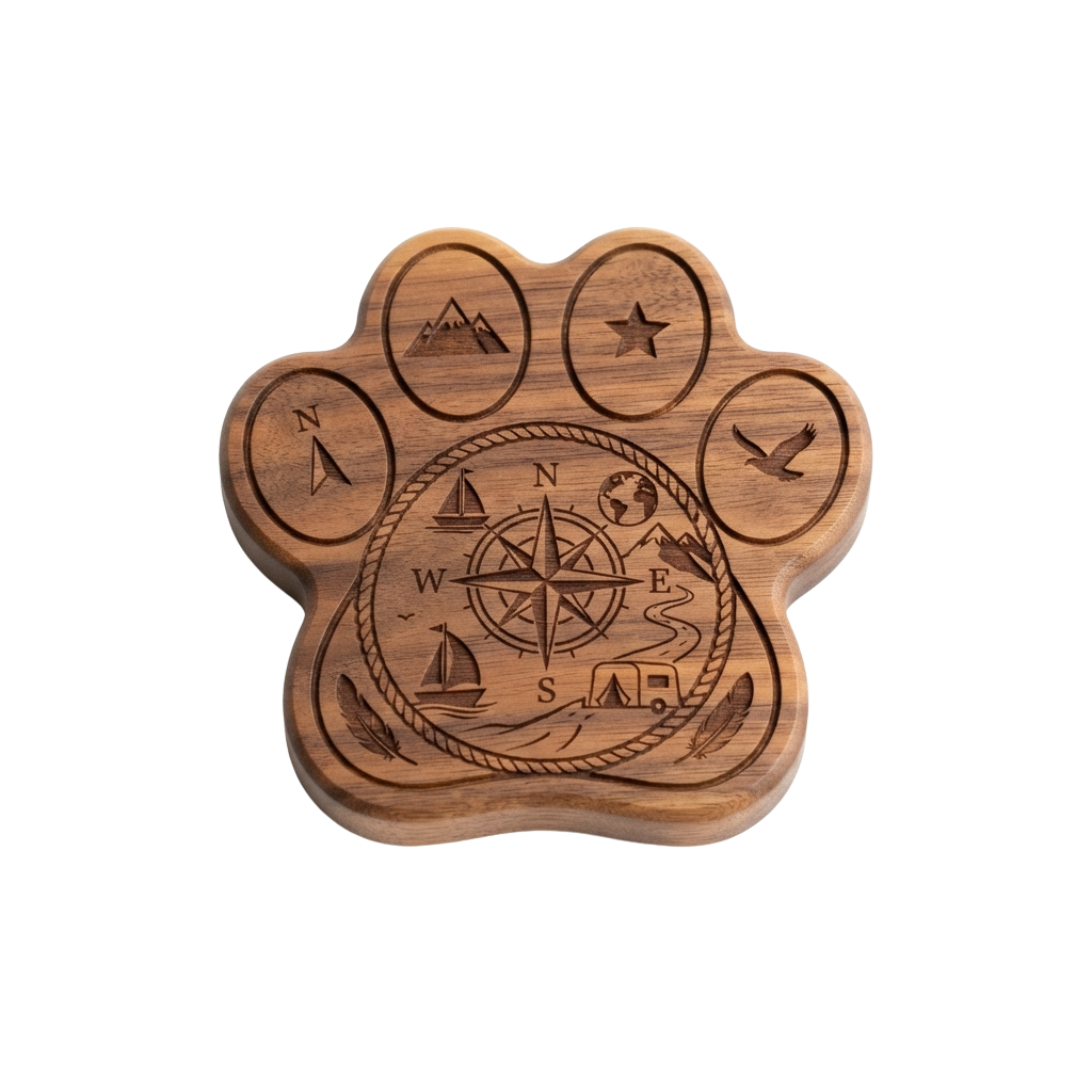 Carved wooden paw with a compass and adventure symbols in each toe