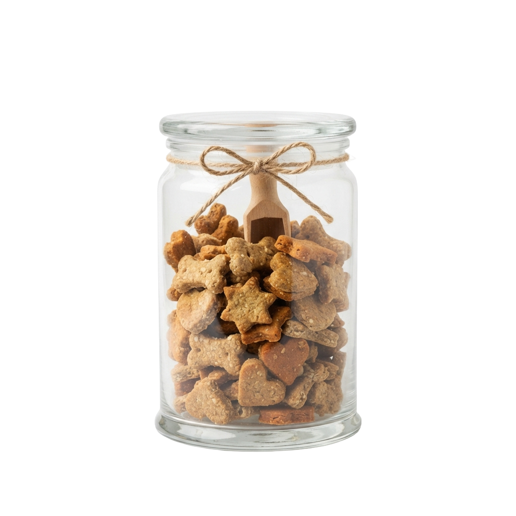 A clear glass jar filled with star-shaped dog treats, tied with twine and a wooden spool lid decoration
