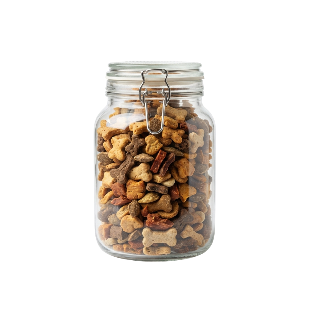 A glass jar filled with various bone-shaped dog treats, sealed with a metal clasp.