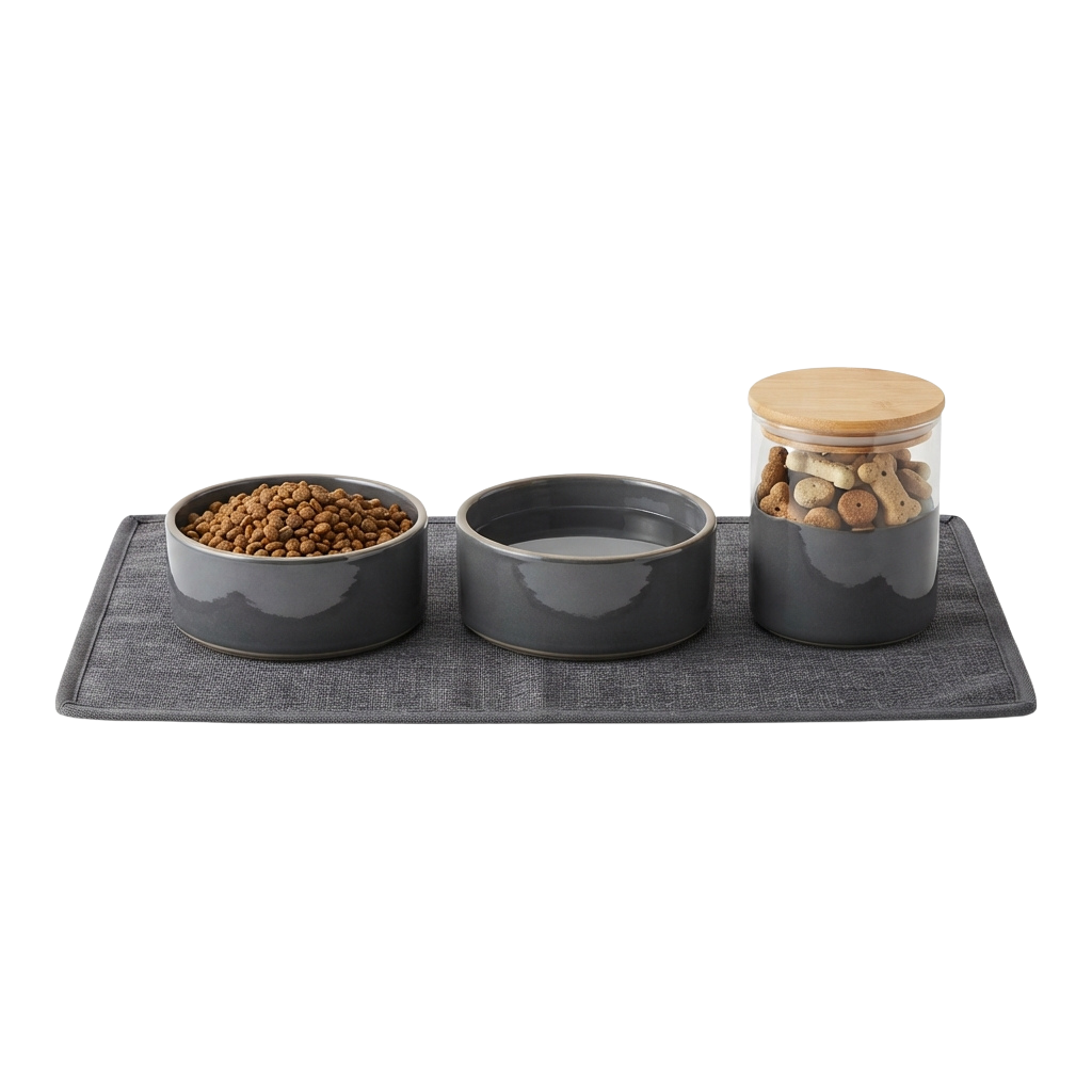 Gray pet feeding station with two bowls and a treat jar on a gray mat
