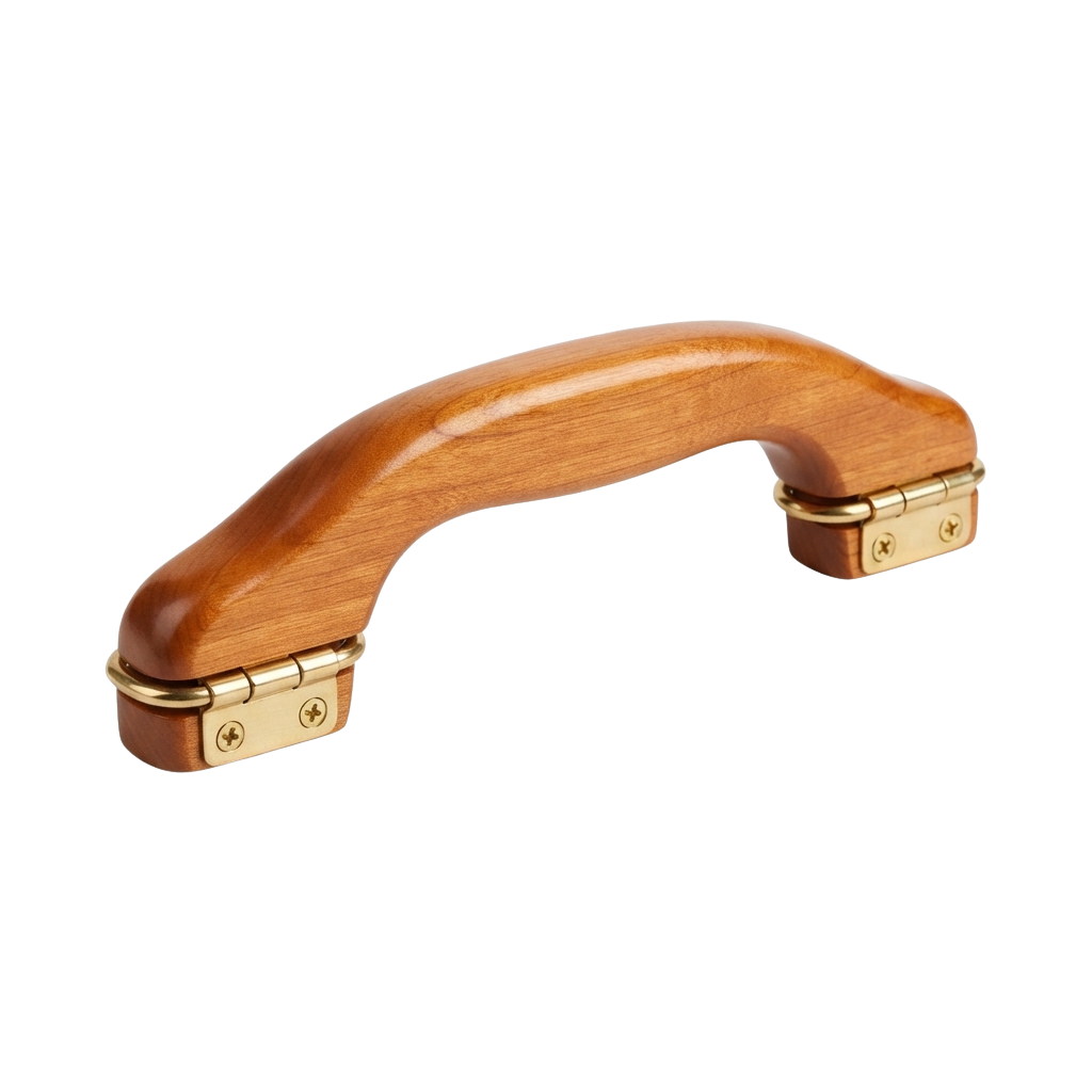 A wooden violin chinrest with brass fittings and screws, shown against a black background