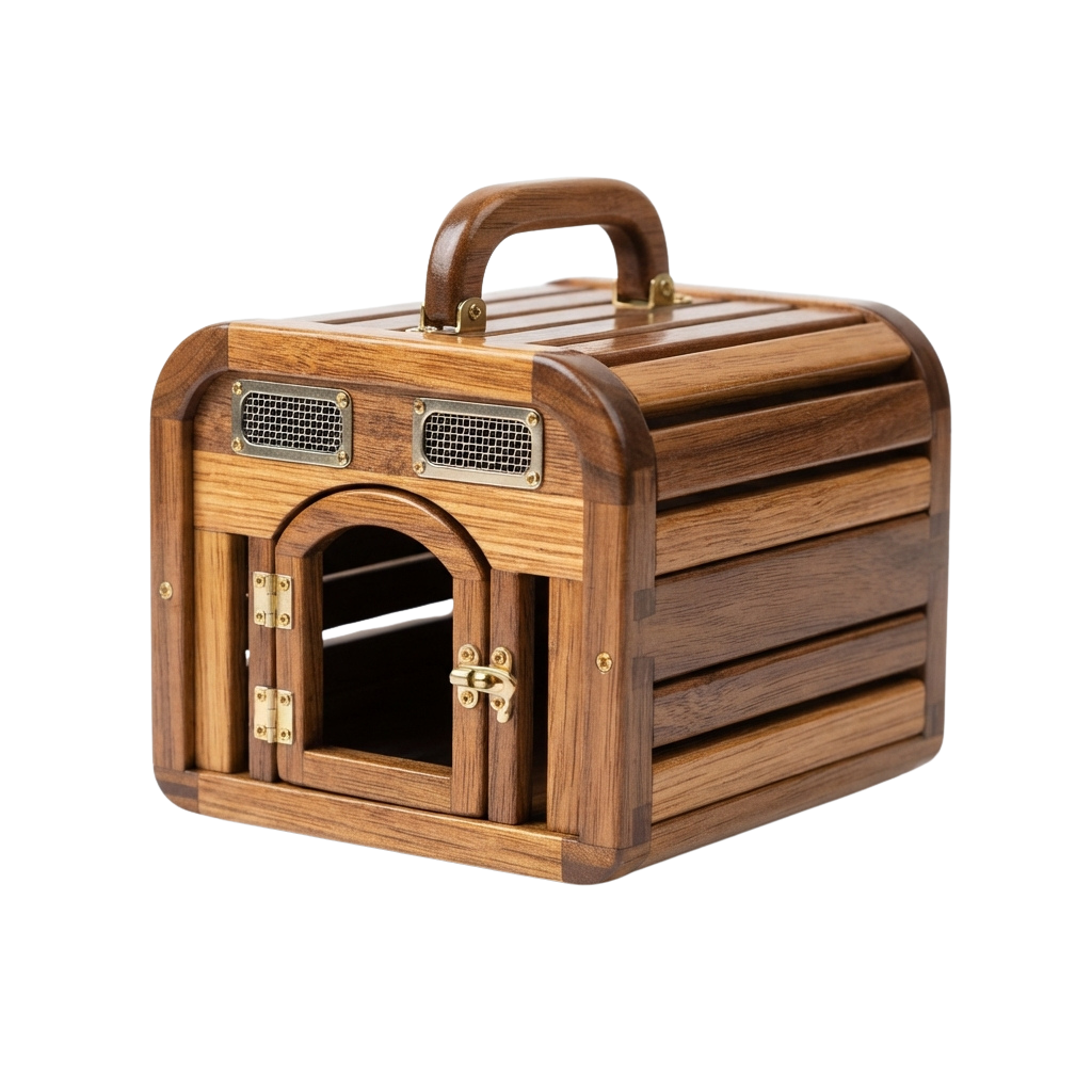 A stylish wooden pet carrier with a handle, ventilation holes, and a small arched door.
