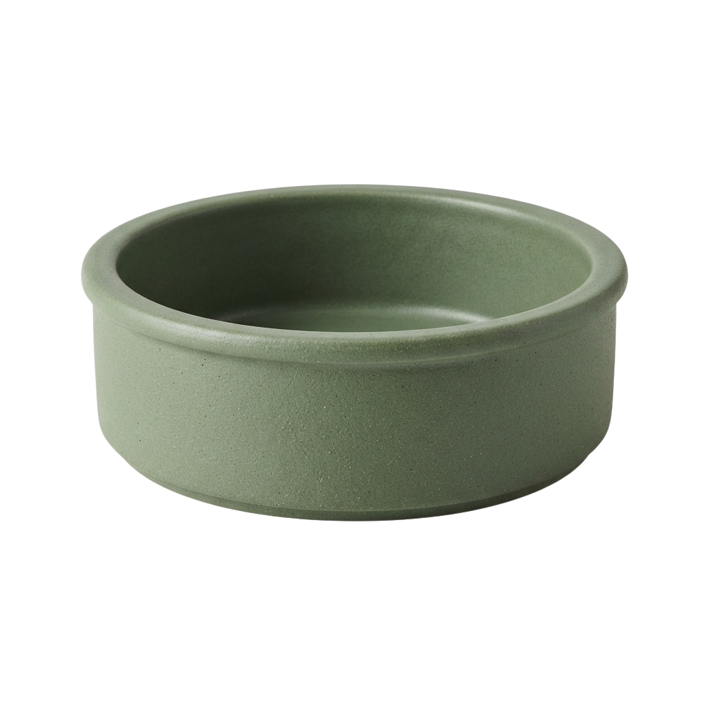 A round, shallow green ceramic pet bowl with smooth edges