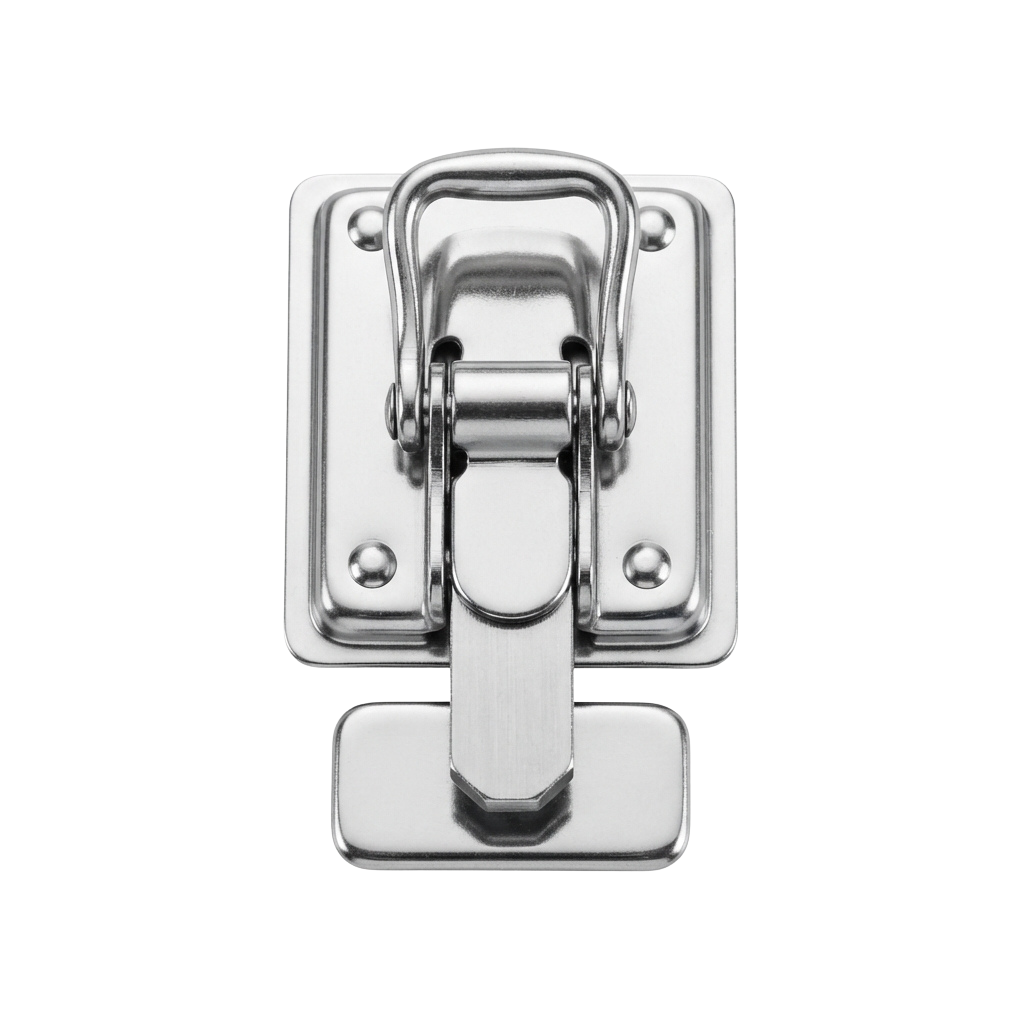 Close-up of a shiny stainless steel latch and handle for a cabinet or drawer.