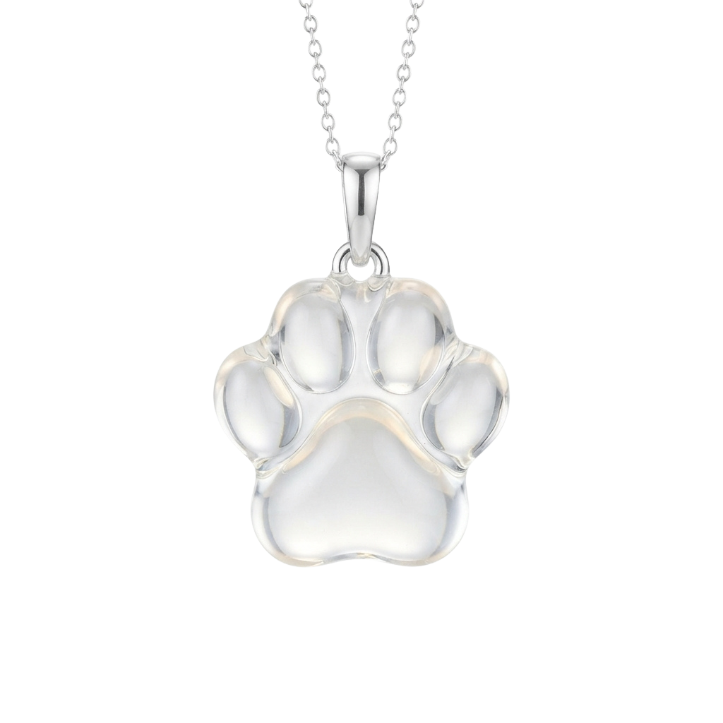 A shiny silver paw print pendant hanging from a delicate chain against a black background