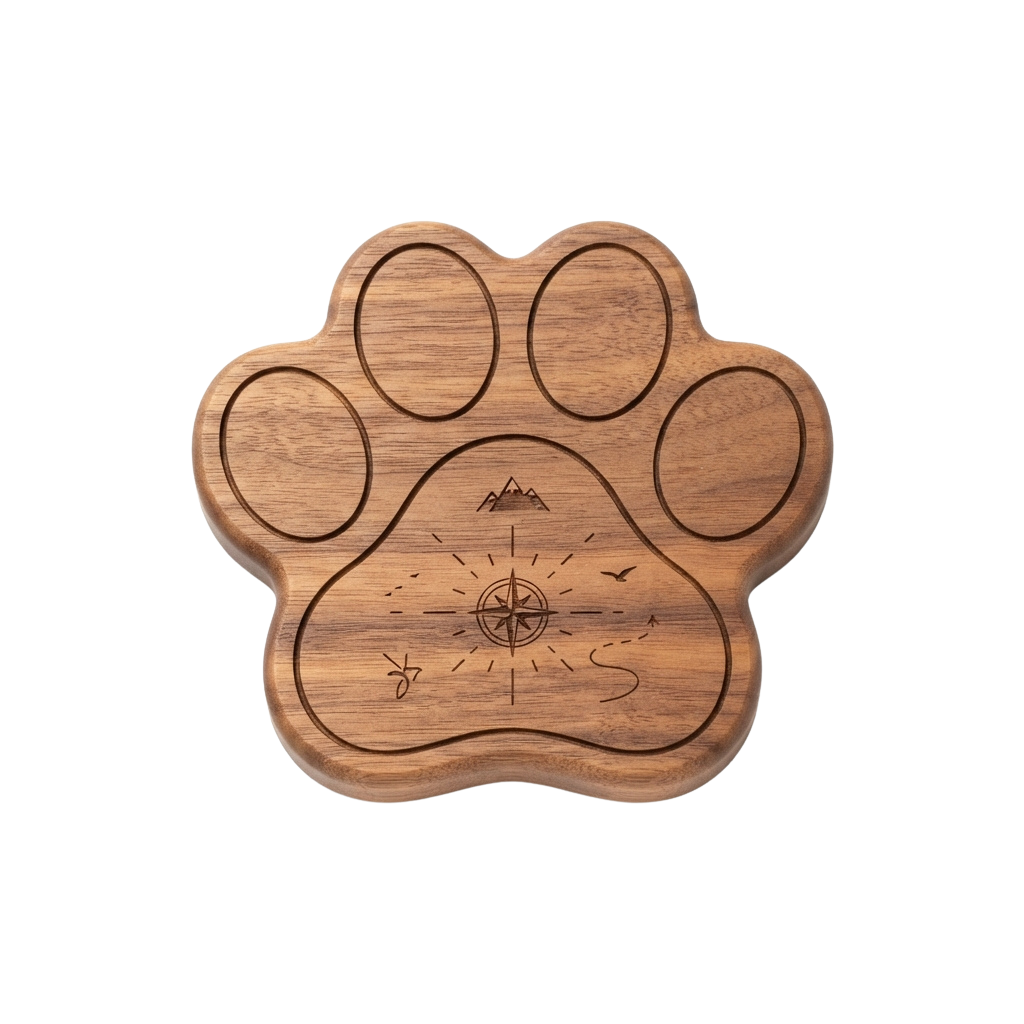 Wooden wall decoration shaped like a paw print with a compass and hiking trail design in the center