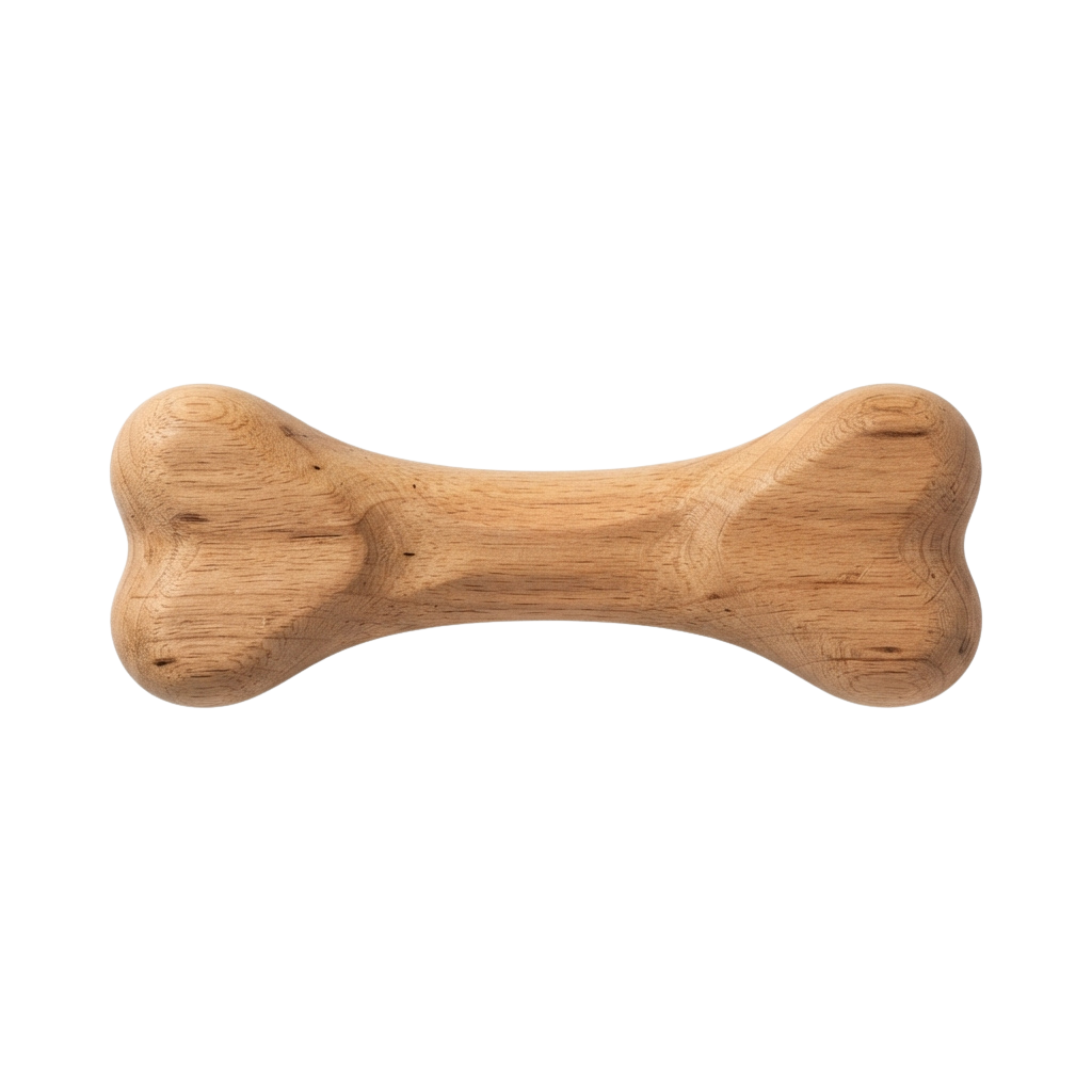 A light brown, bone-shaped wooden chew toy with rounded ends and a textured surface