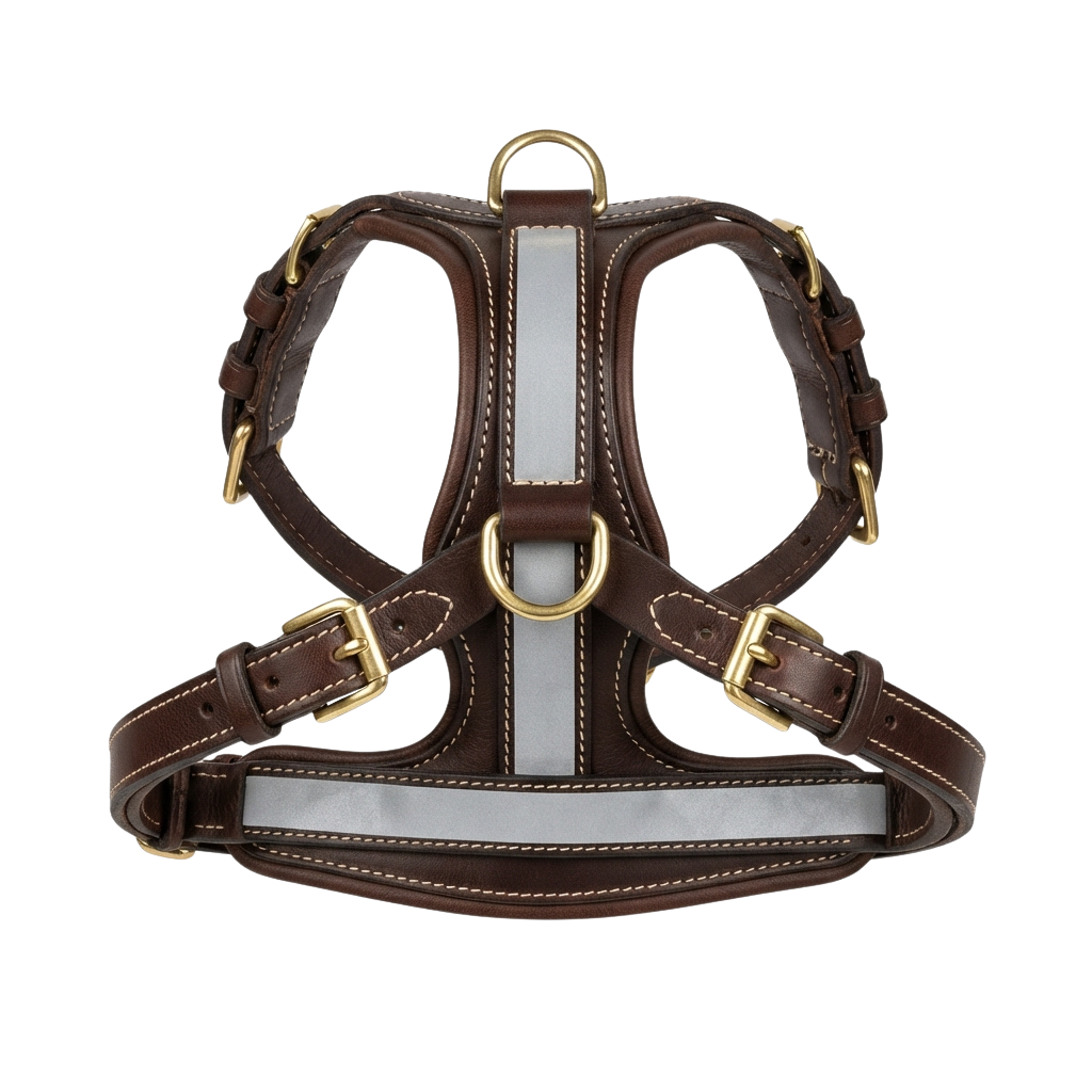 A brown leather dog harness with gold metal buckles and adjustable straps on a black background