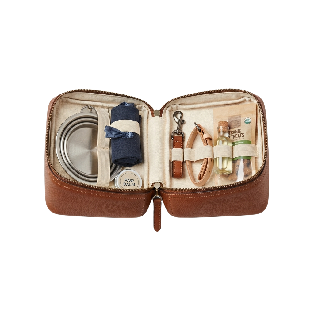 Open leather toiletry kit containing cups, balm, scissors, and small bottles