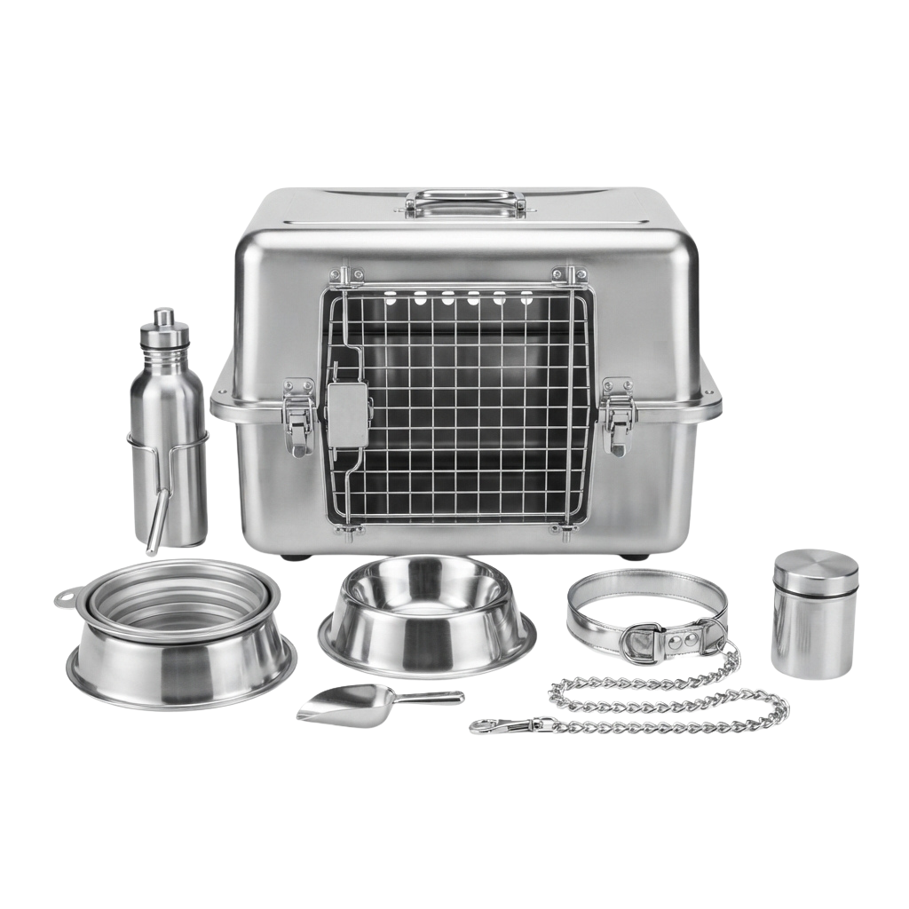 Stainless steel pet carrier with food bowl, water bottle, leash, collar, and scoop laid out on black background