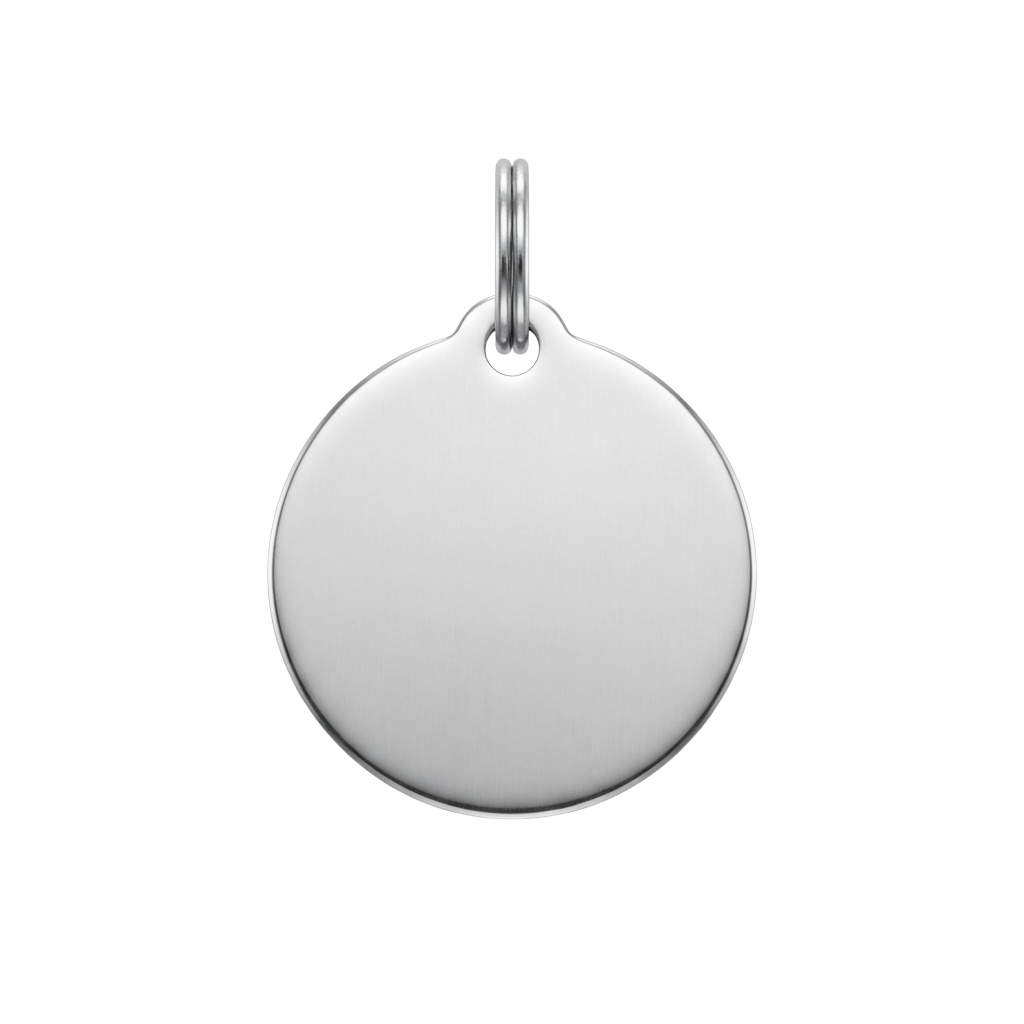A plain round sterling silver pendant hanging from a small loop.