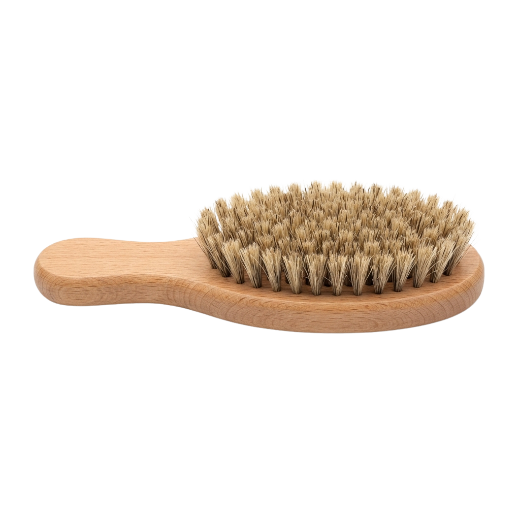 A wooden-handled brush with natural bristles for hair grooming