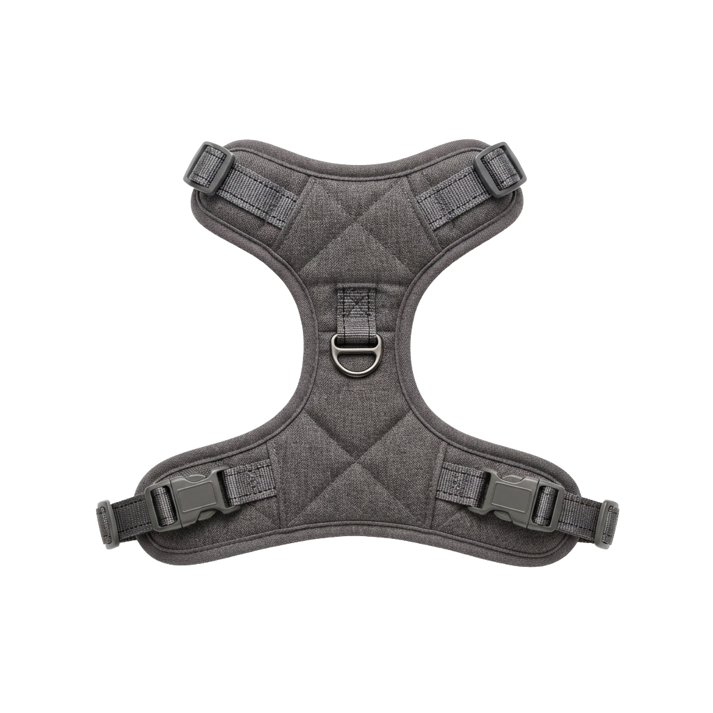 Gray dog harness with adjustable straps and metal buckle closure