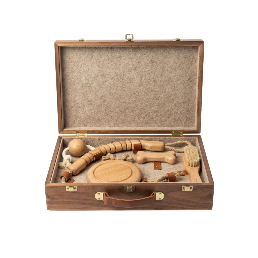 Open wooden case displaying natural grooming tools like brushes, comb, and wooden grooming aids on a padded interior