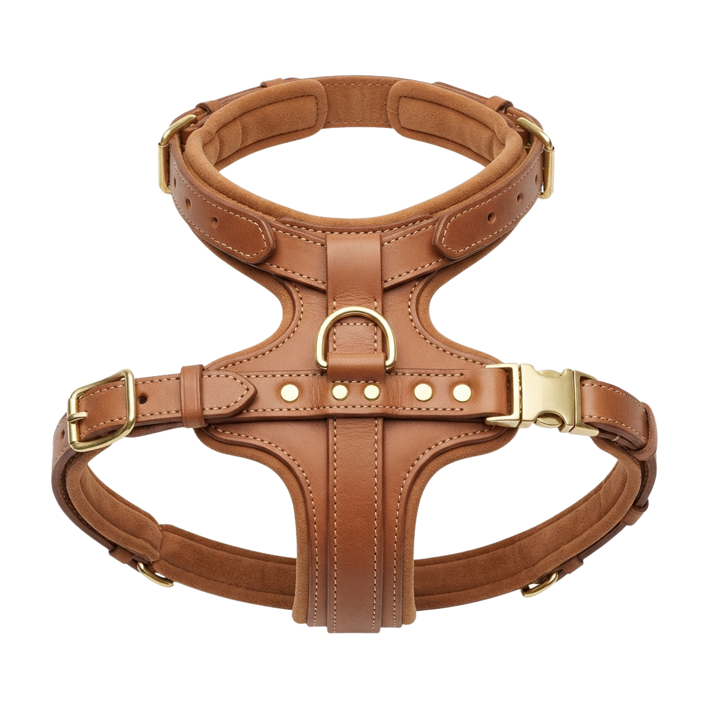 Brown leather H-style dog harness with brass buckles and D-ring closure