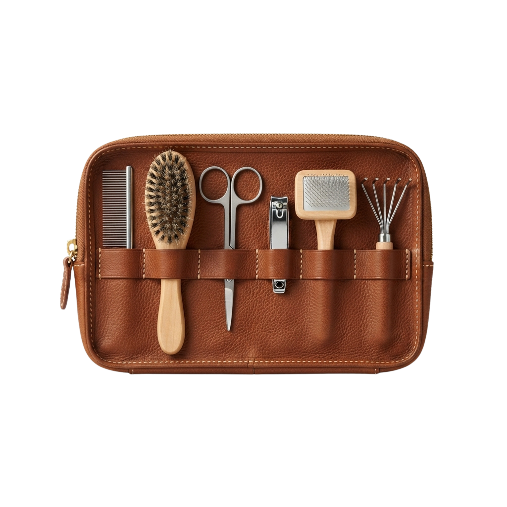 Brown leather case holding grooming tools including brush, comb, scissors, nail clippers, tweezers, and nail file