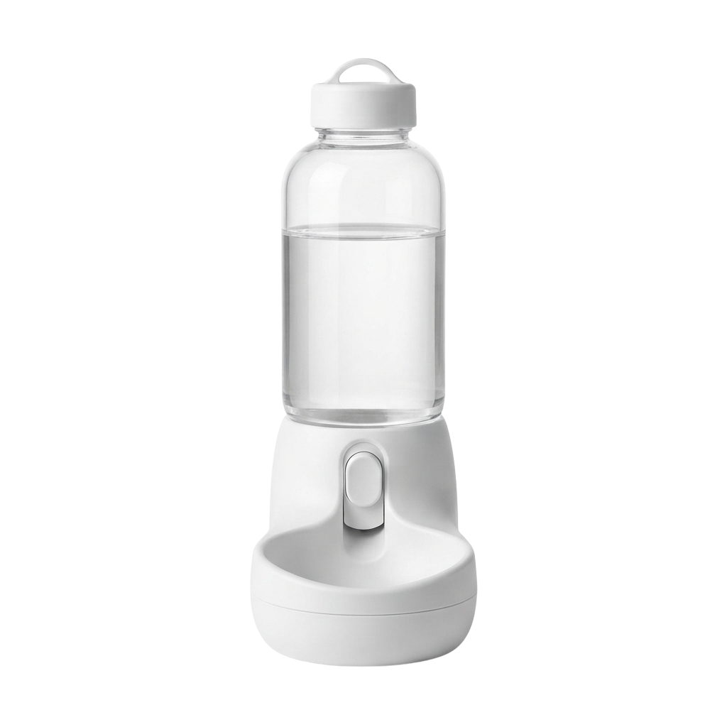 White portable water bottle with a built-in pet bowl at the base