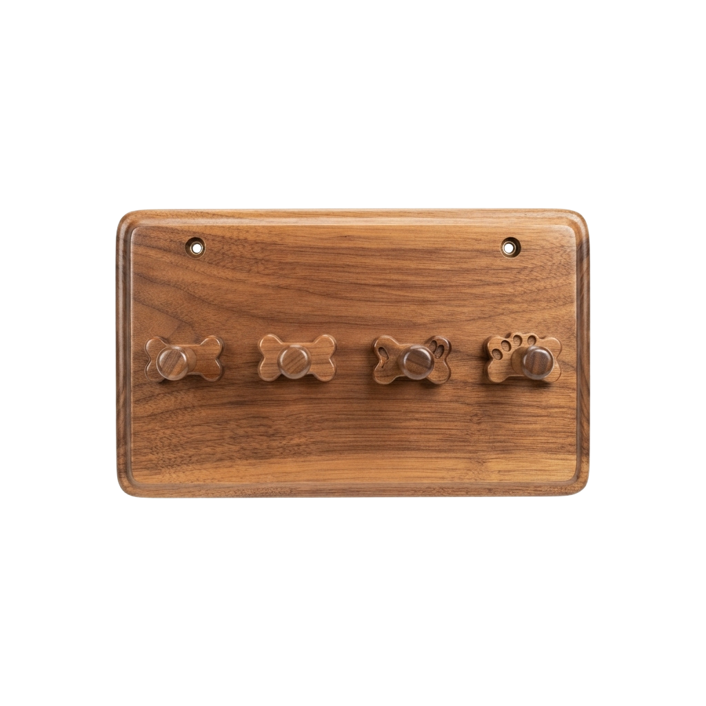 Wooden wall-mounted toy dispenser with four bone-shaped buttons for pets