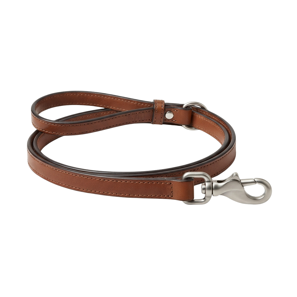 Brown leather dog leash featuring a metal carabiner and D-ring attachment