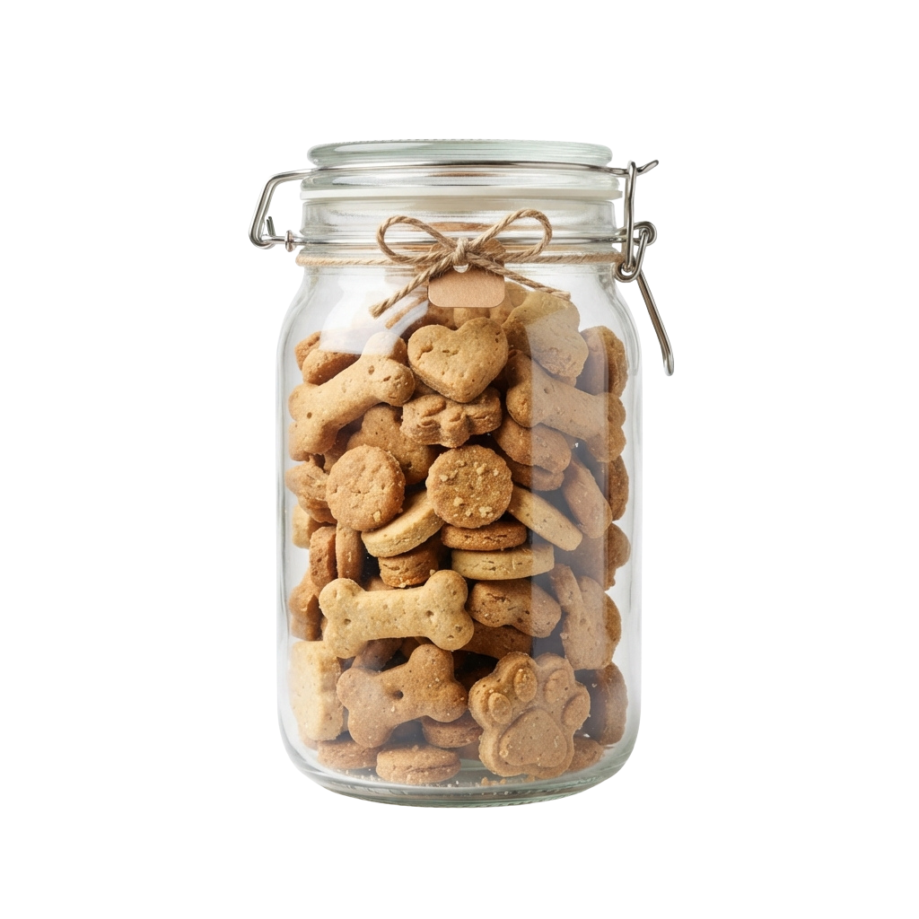 Glass jar filled with heart and bone-shaped pet treats tied with a twine ribbon closure