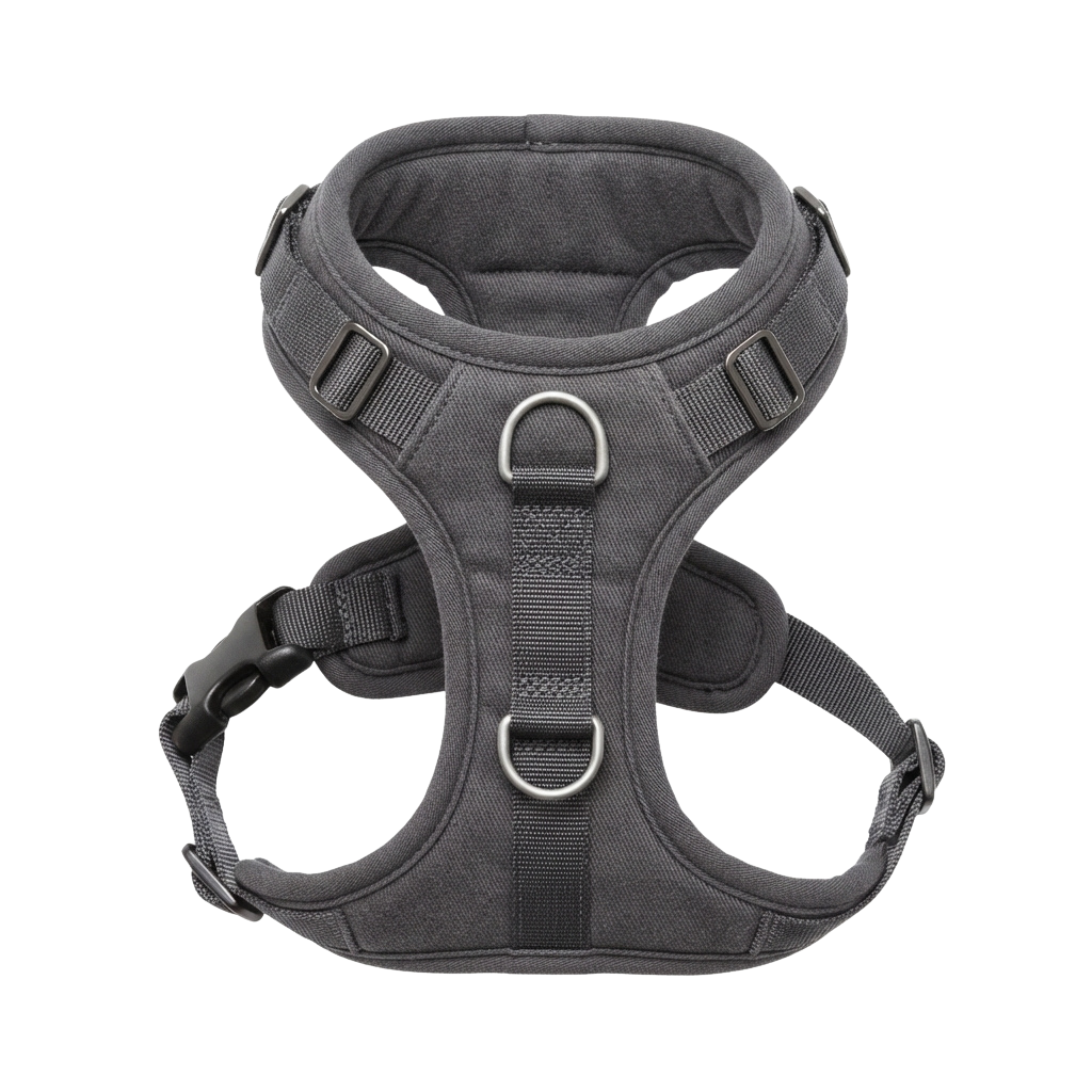 Gray dog harness with adjustable straps and two metal rings for leash attachment