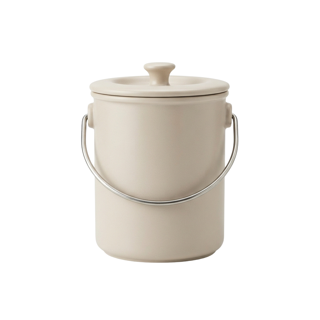 A white ceramic bucket with a lid and two metal handles for easy carrying