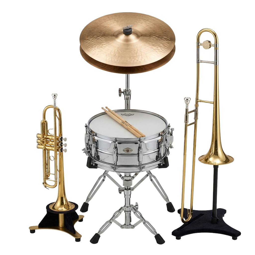 Brass instruments including trumpet and trombone with a snare drum and cymbal on a stand