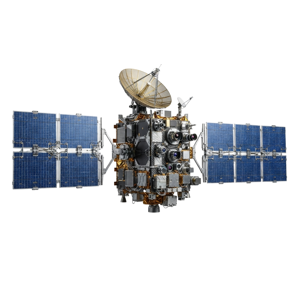 A detailed image of a spacecraft featuring solar panels and a large dish antenna against a black background