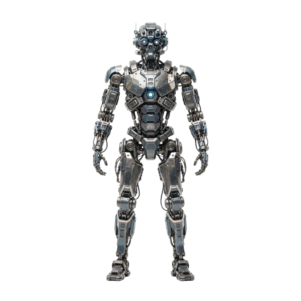 A detailed futuristic robot standing upright with a metallic body and glowing eyes