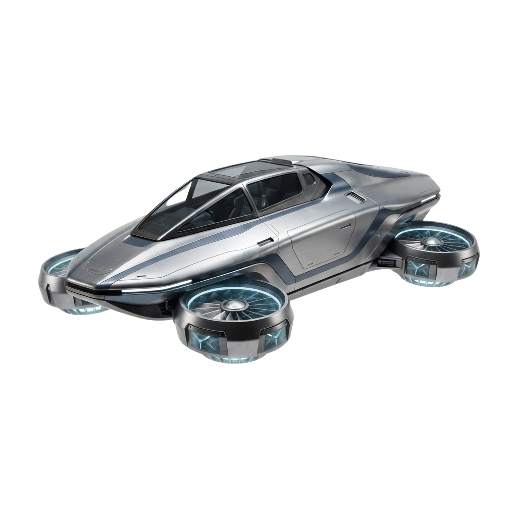 A sleek futuristic car equipped with four rotor blades for flight, shown against a black background.
