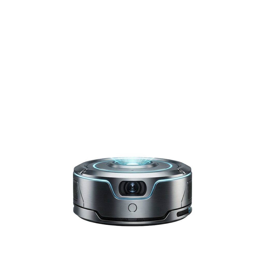 A sleek, modern robot vacuum cleaner with blue LED lights on top and a camera on the front.