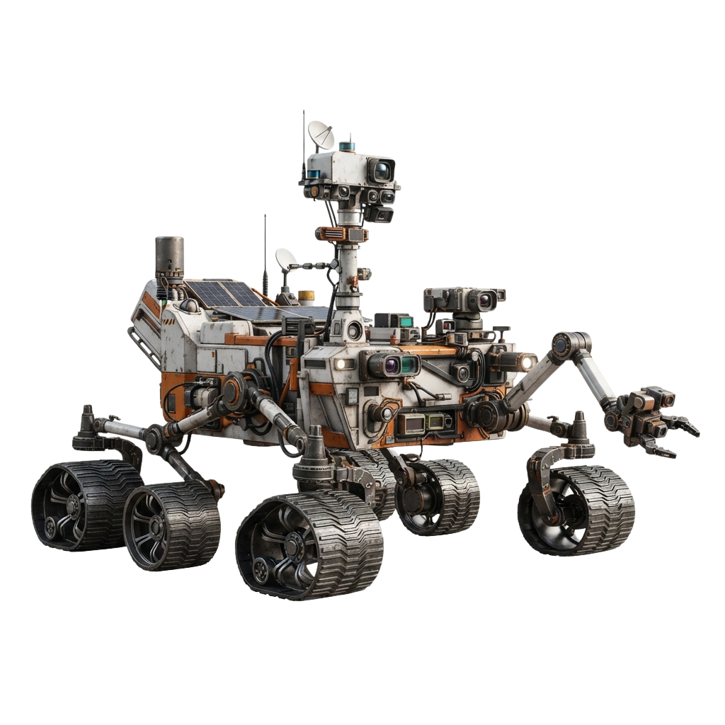 A detailed illustration of a six-wheeled Mars rover with a robotic arm and solar panels on its back.
