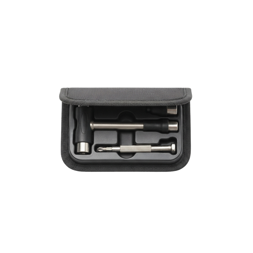 Black fabric case holding a set of small hand tools including screwdrivers and a drill bit