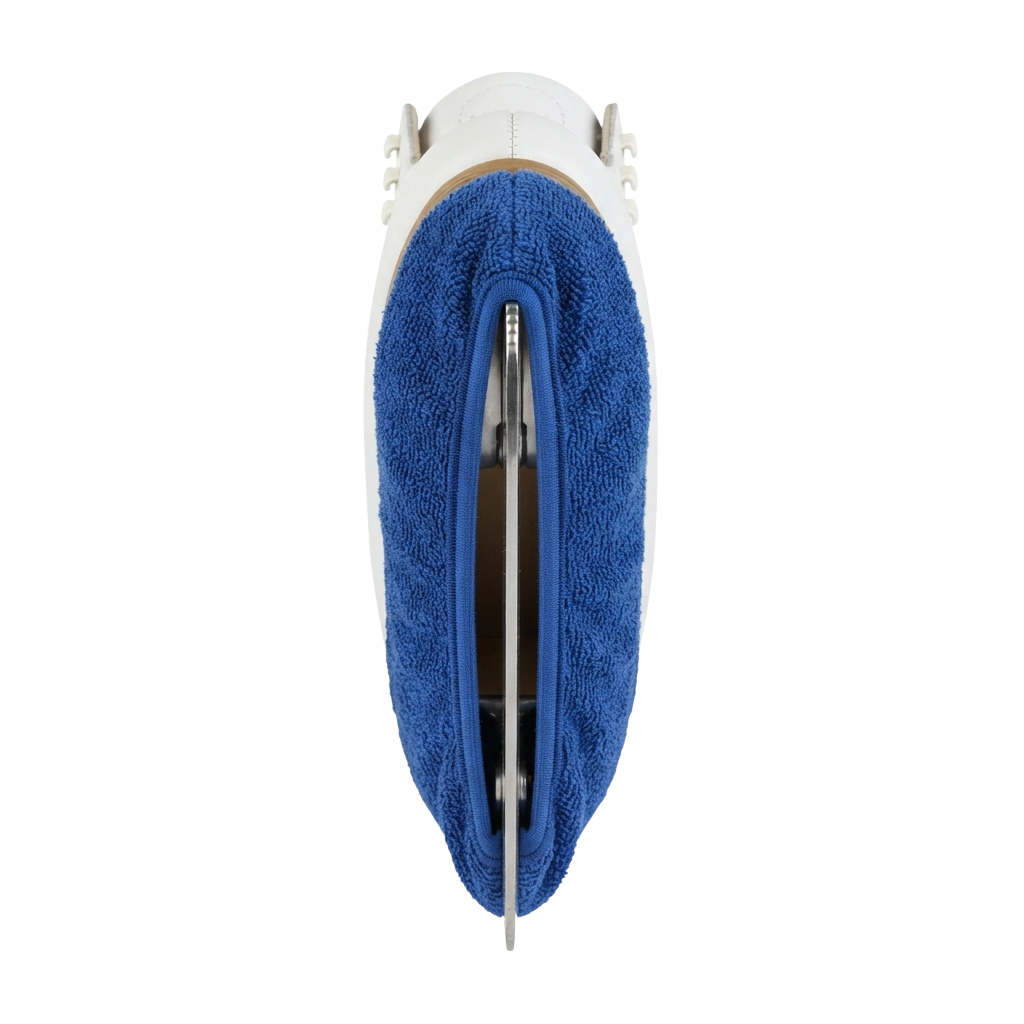 Close-up of a blue ski boot interior with white outer shell and textured lining