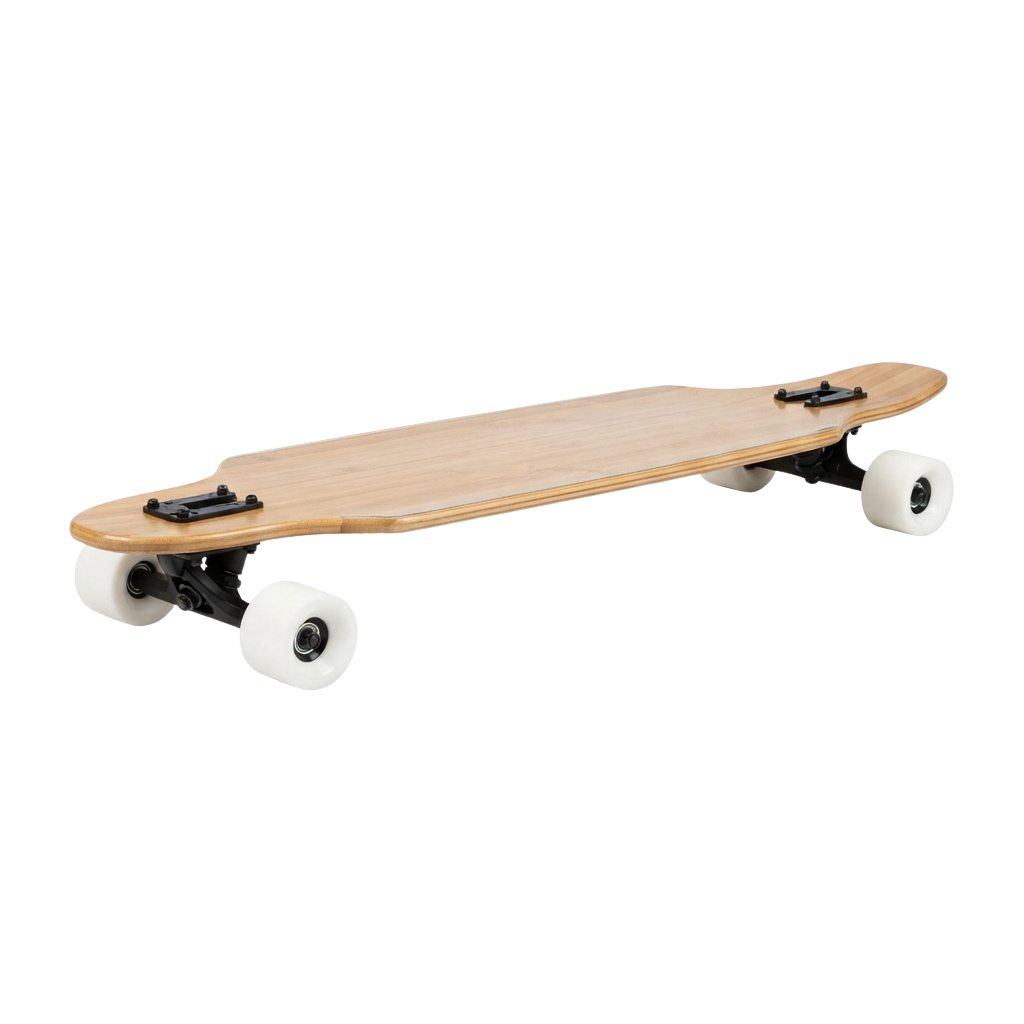 A longboard skateboard featuring a light wood deck and white wheels on black trucks
