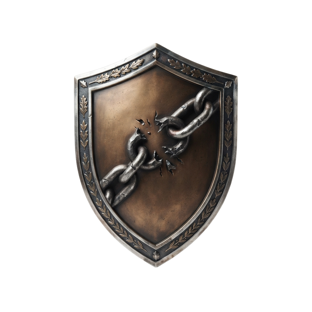 A shield with a dark background and a broken chain motif in the center, framed with ornate laurel designs.