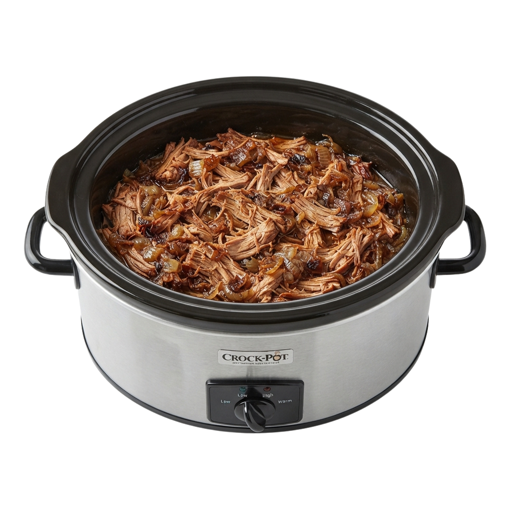 A black slow cooker filled with shredded pulled pork meat, ready to serve.