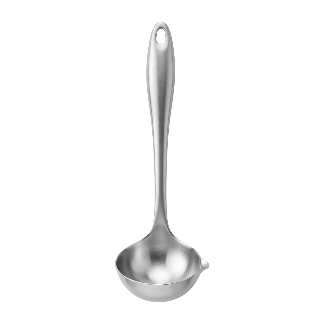 A shiny stainless steel ladle with a curved bowl and ergonomic handle featuring a thumb hole