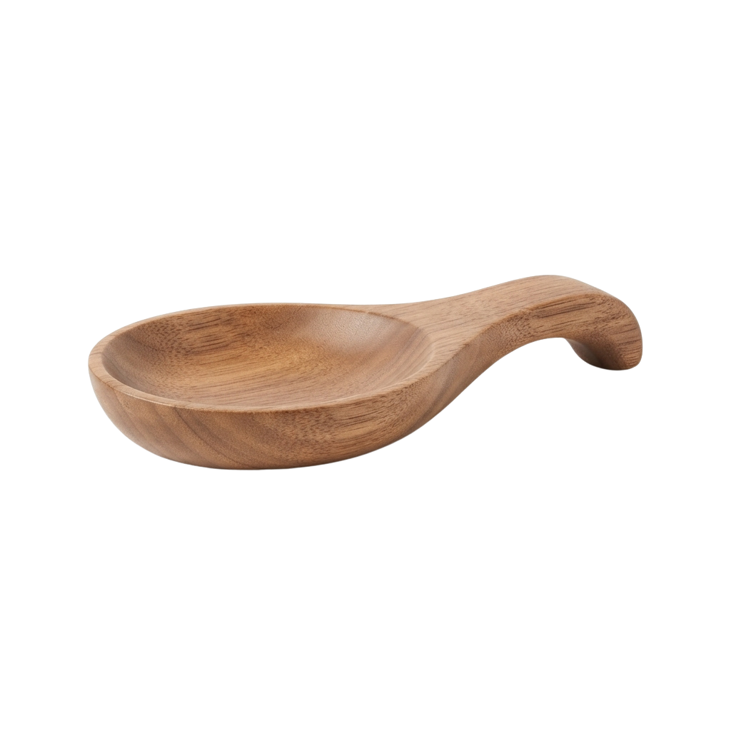 A wooden spoon with a natural finish and ergonomic handle for serving or cooking