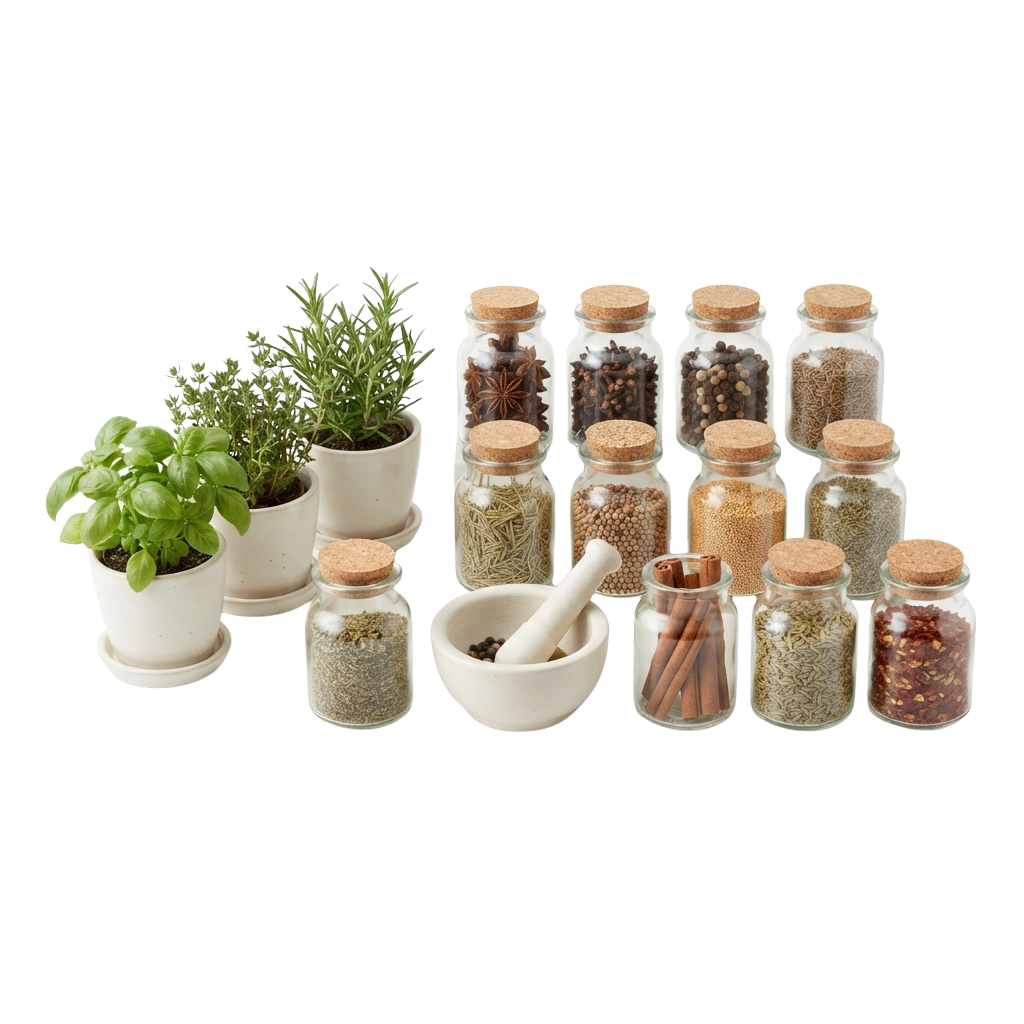 Collection of fresh herbs in pots, dried spices in jars, and a mortar with pestle on a black background