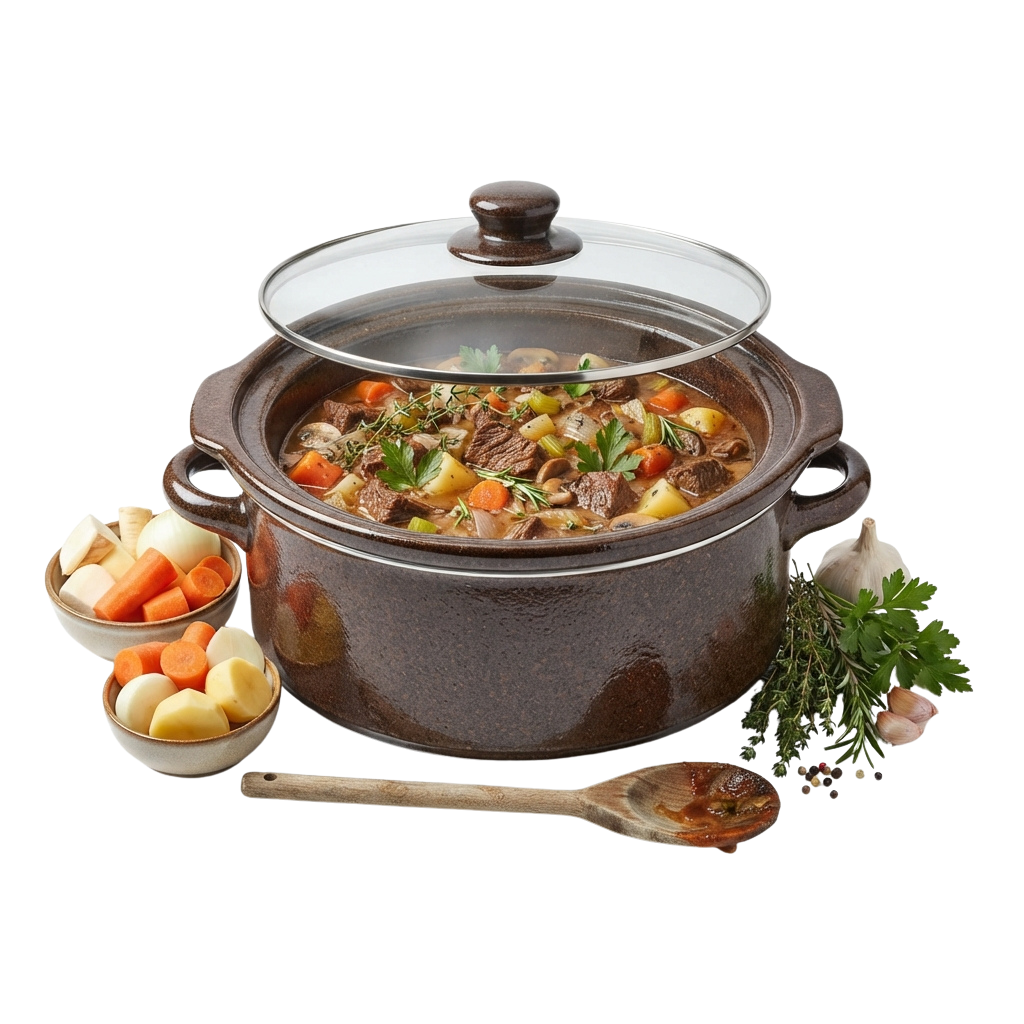 A cast iron pot filled with hearty beef stew containing chunks of meat, carrots, potatoes, and herbs, with a wooden spoon and fresh ingredients around it.