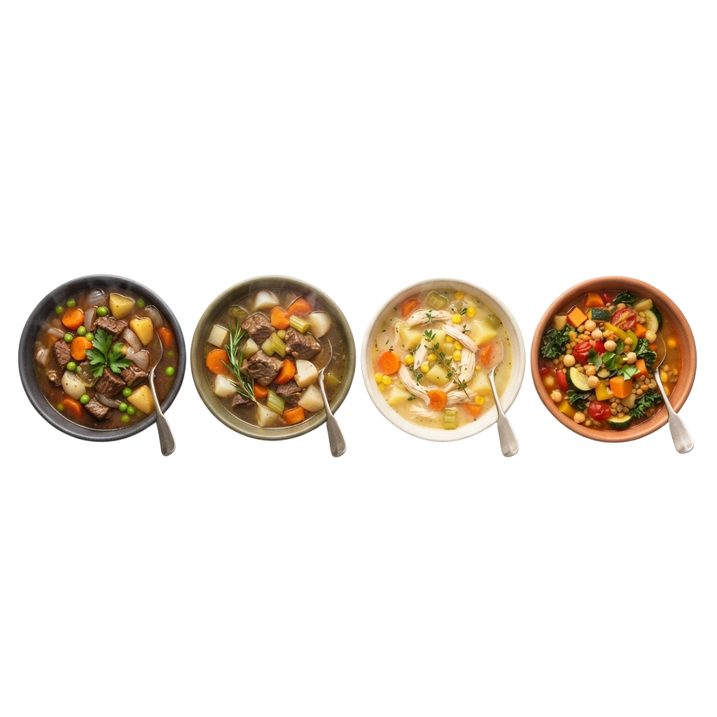 Four bowls of hearty vegetable soups with meat and various ingredients served in different colored bowls.
