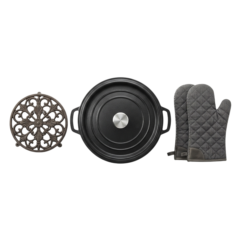 A black slow cooker pot with lid, decorative lid insert, and gray oven mitts displayed on a black background