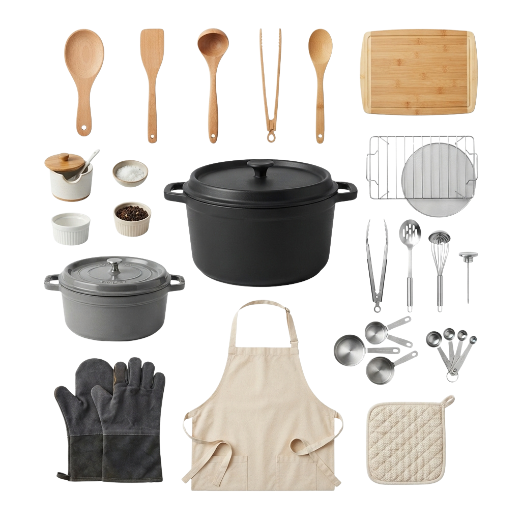 Assorted kitchen tools including pots, spoons, gloves, apron, and measuring cups on a black background